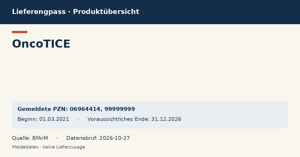 OncoTICE: Datenübersicht zum Lieferengpass mit gemeldeten Packungen und Zeitraum (BfArM) OncoTICE: Datenübersicht zum Lieferengpass mit gemeldeten Packungen und Zeitraum (BfArM)