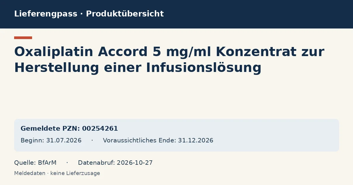 Oxaliplatin Accord 5 mg/ml Konzentrat zur Herstellung einer Infusionslösung: Datenübersicht zum Lieferengpass mit gemeldeten Packungen und Zeitraum (BfArM) Oxaliplatin Accord 5 mg/ml Konzentrat zur Herstellung einer Infusionslösung: Datenübersicht zum Lieferengpass mit gemeldeten Packungen und Zeitraum (BfArM)