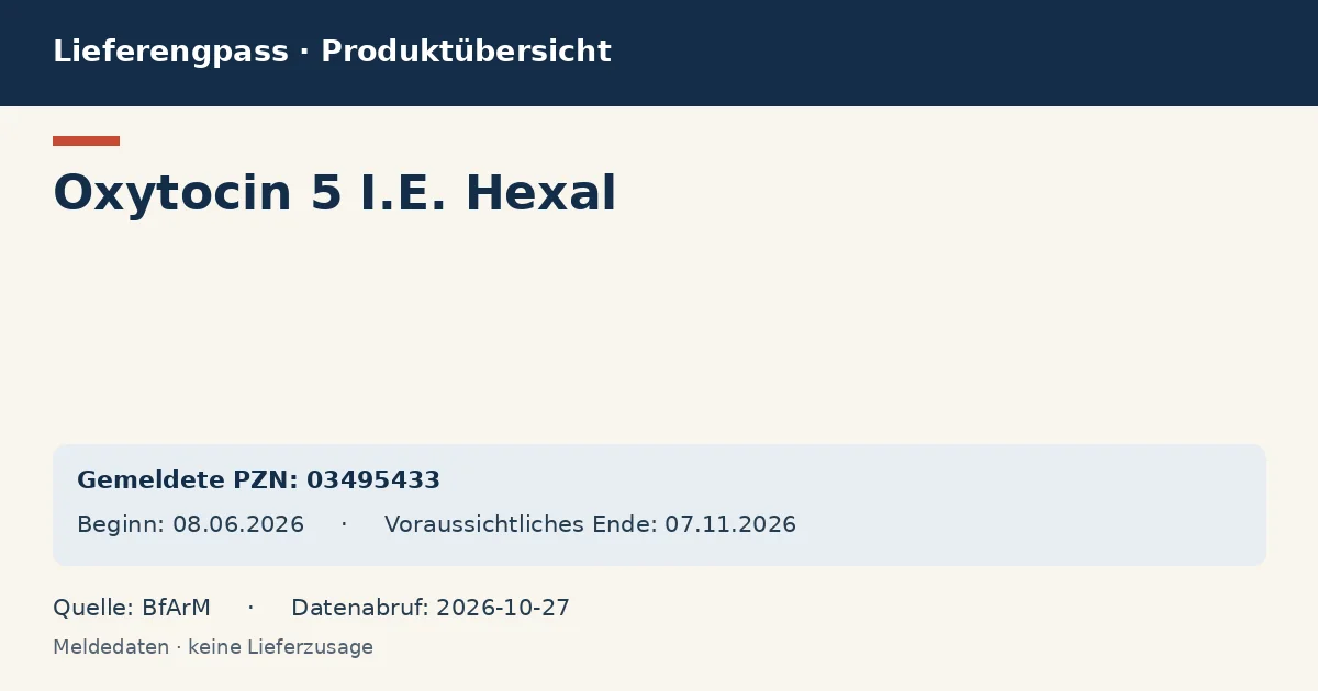 Oxytocin 5 I.E. Hexal: Datenübersicht zum Lieferengpass mit gemeldeten Packungen und Zeitraum (BfArM) Oxytocin 5 I.E. Hexal: Datenübersicht zum Lieferengpass mit gemeldeten Packungen und Zeitraum (BfArM)