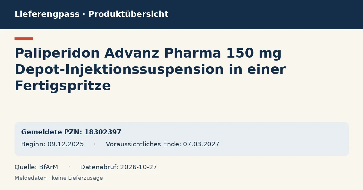 Paliperidon Advanz Pharma 150 mg Depot-Injektionssuspension in einer Fertigspritze: Datenübersicht zum Lieferengpass mit gemeldeten Packungen und Zeitraum (BfArM) Paliperidon Advanz Pharma 150 mg Depot-Injektionssuspension in einer Fertigspritze: Datenübersicht zum Lieferengpass mit gemeldeten Packungen und Zeitraum (BfArM)
