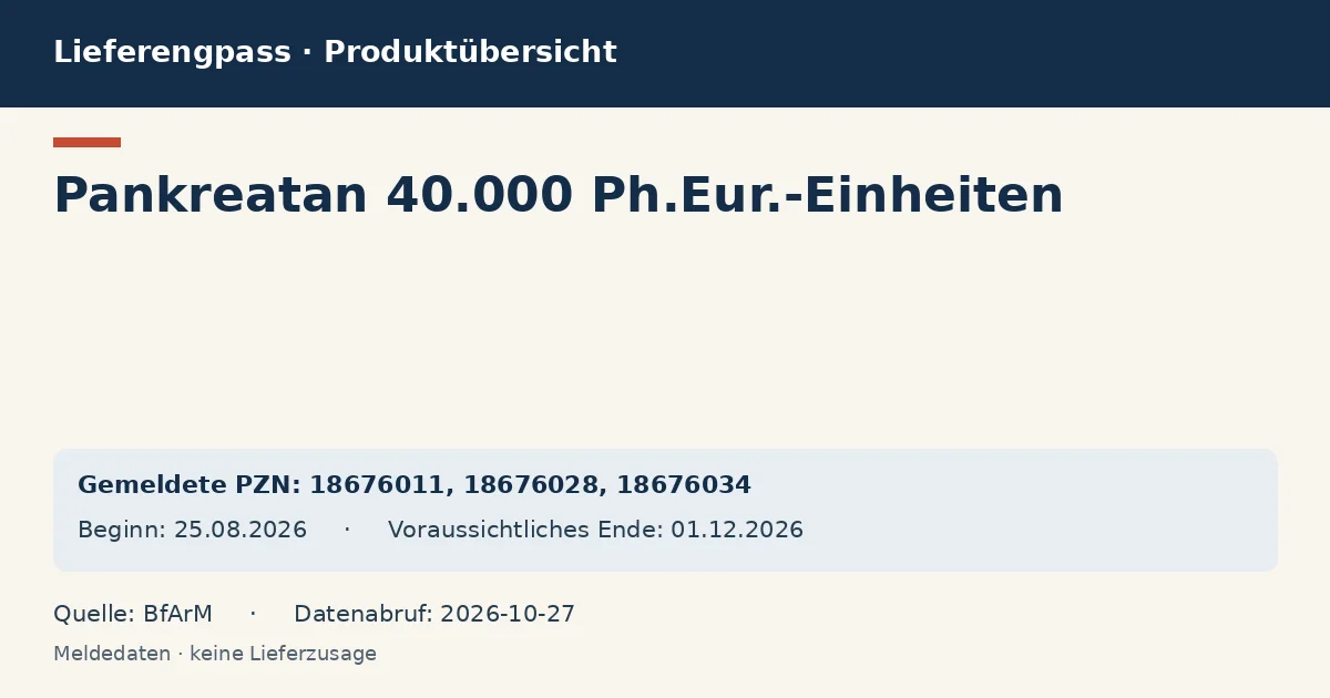 Pankreatan 40.000 Ph.Eur.-Einheiten: Datenübersicht zum Lieferengpass mit gemeldeten Packungen und Zeitraum (BfArM) Pankreatan 40.000 Ph.Eur.-Einheiten: Datenübersicht zum Lieferengpass mit gemeldeten Packungen und Zeitraum (BfArM)
