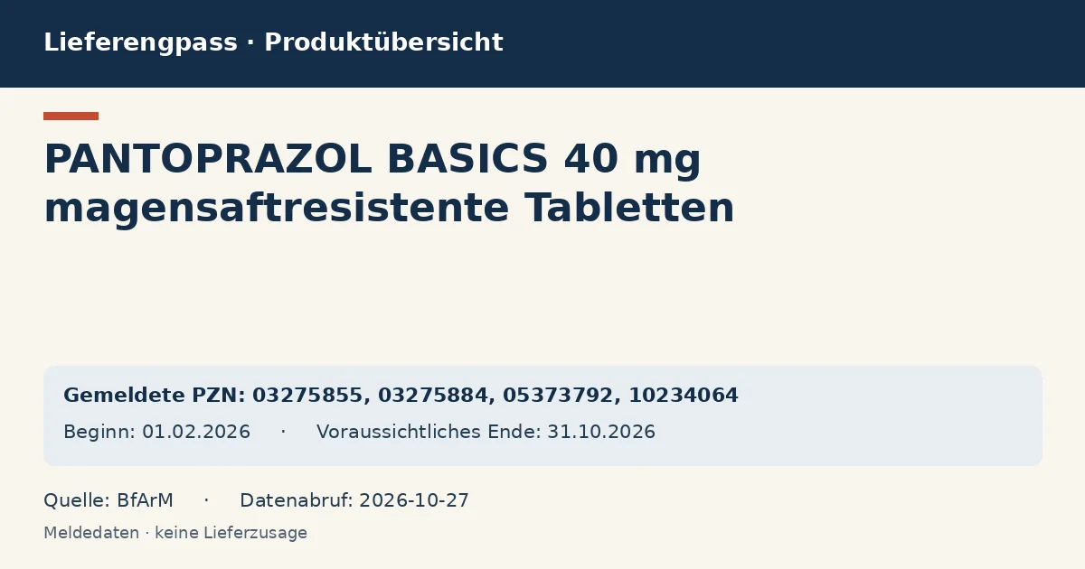 PANTOPRAZOL BASICS 40 mg magensaftresistente Tabletten: Datenübersicht zum Lieferengpass mit gemeldeten Packungen und Zeitraum (BfArM) PANTOPRAZOL BASICS 40 mg magensaftresistente Tabletten: Datenübersicht zum Lieferengpass mit gemeldeten Packungen und Zeitraum (BfArM)