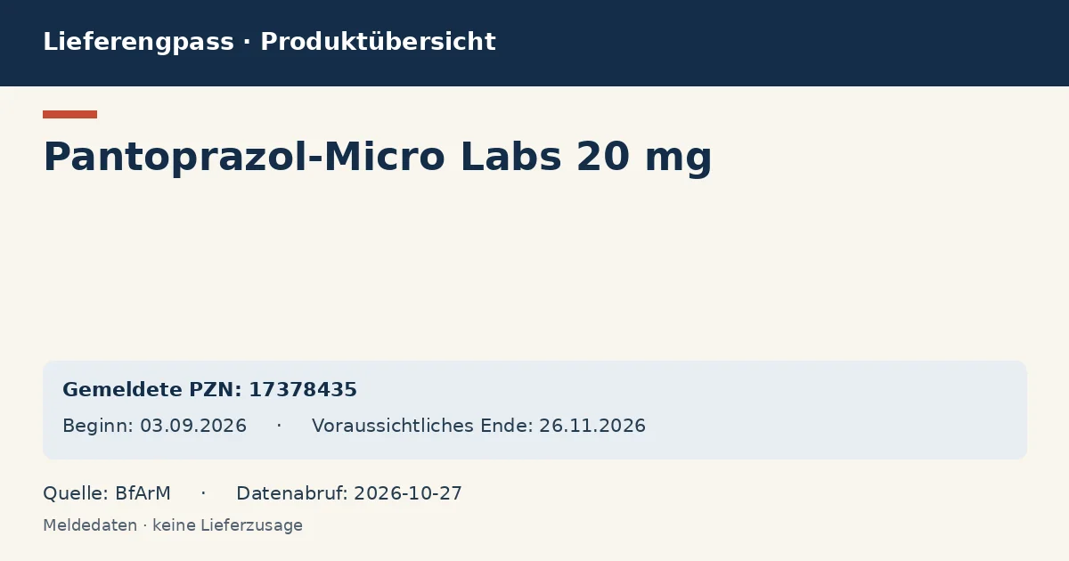 Pantoprazol-Micro Labs 20 mg: Datenübersicht zum Lieferengpass mit gemeldeten Packungen und Zeitraum (BfArM) Pantoprazol-Micro Labs 20 mg: Datenübersicht zum Lieferengpass mit gemeldeten Packungen und Zeitraum (BfArM)