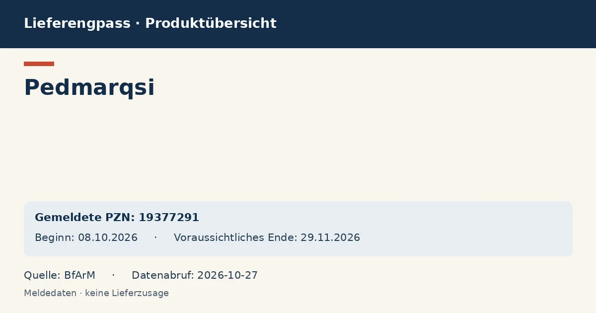 Pedmarqsi: Datenübersicht zum Lieferengpass mit gemeldeten Packungen und Zeitraum (BfArM) Pedmarqsi: Datenübersicht zum Lieferengpass mit gemeldeten Packungen und Zeitraum (BfArM)