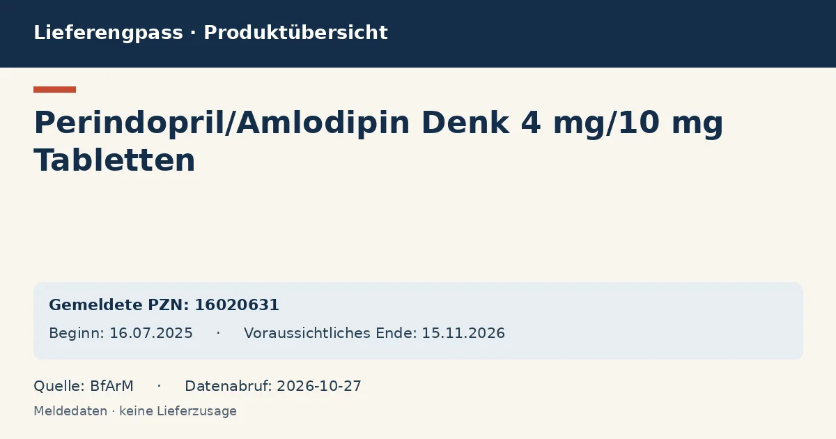 Perindopril/Amlodipin Denk 4 mg/10 mg Tabletten: Datenübersicht zum Lieferengpass mit gemeldeten Packungen und Zeitraum (BfArM) Perindopril/Amlodipin Denk 4 mg/10 mg Tabletten: Datenübersicht zum Lieferengpass mit gemeldeten Packungen und Zeitraum (BfArM)