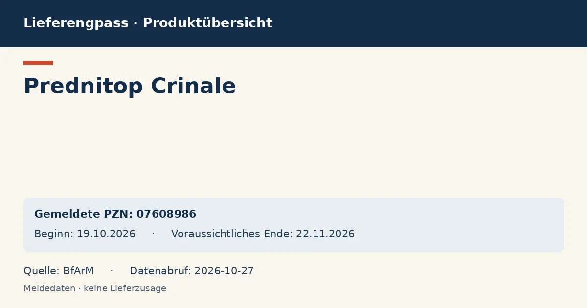 Prednitop Crinale: Datenübersicht zum Lieferengpass mit gemeldeten Packungen und Zeitraum (BfArM) Prednitop Crinale: Datenübersicht zum Lieferengpass mit gemeldeten Packungen und Zeitraum (BfArM)