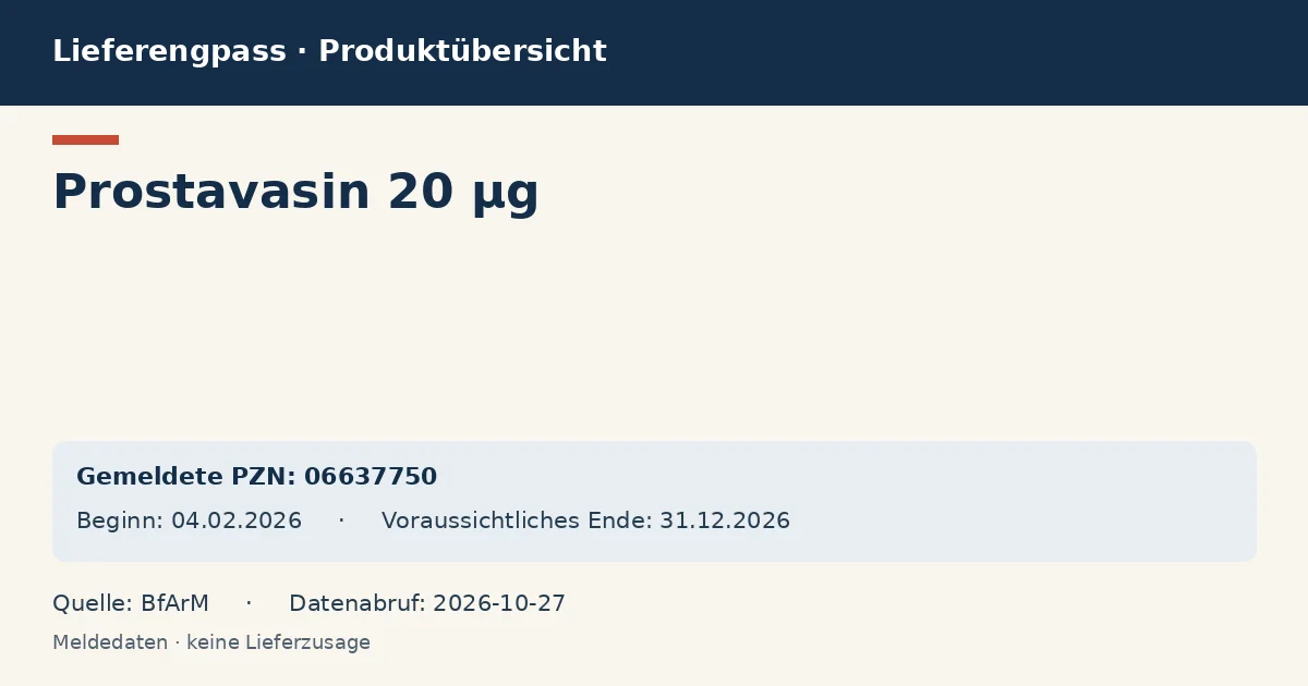 Prostavasin 20 µg: Datenübersicht zum Lieferengpass mit gemeldeten Packungen und Zeitraum (BfArM) Prostavasin 20 µg: Datenübersicht zum Lieferengpass mit gemeldeten Packungen und Zeitraum (BfArM)