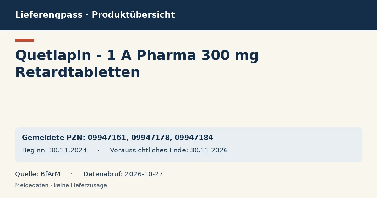 Quetiapin - 1 A Pharma 300 mg Retardtabletten: Datenübersicht zum Lieferengpass mit gemeldeten Packungen und Zeitraum (BfArM) Quetiapin - 1 A Pharma 300 mg Retardtabletten: Datenübersicht zum Lieferengpass mit gemeldeten Packungen und Zeitraum (BfArM)