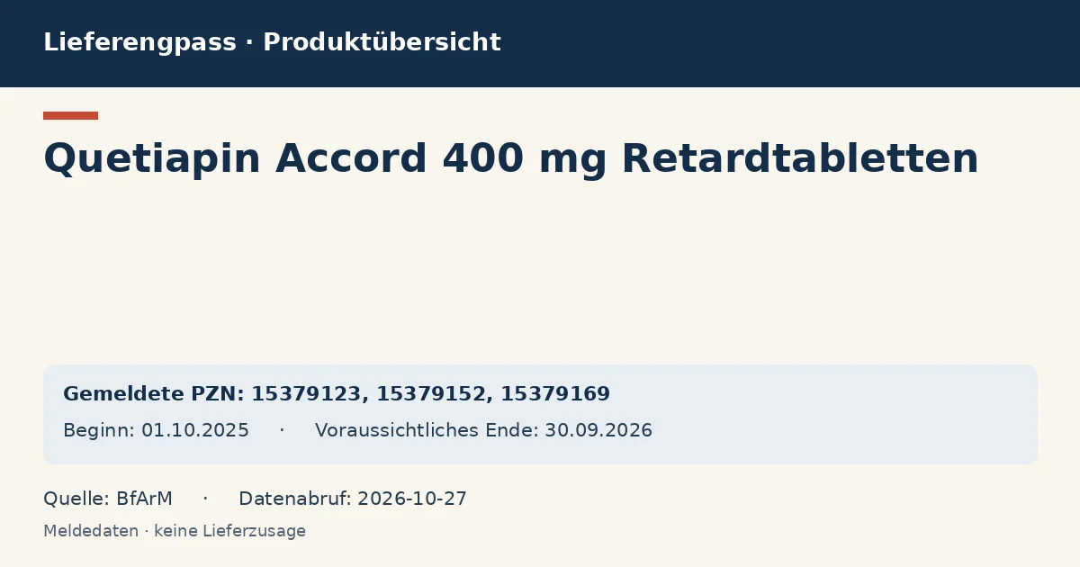 Quetiapin Accord 400 mg Retardtabletten: Datenübersicht zum Lieferengpass mit gemeldeten Packungen und Zeitraum (BfArM) Quetiapin Accord 400 mg Retardtabletten: Datenübersicht zum Lieferengpass mit gemeldeten Packungen und Zeitraum (BfArM)
