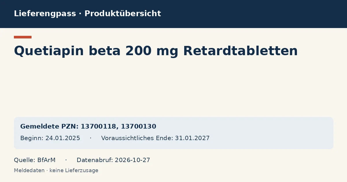Quetiapin beta 200 mg Retardtabletten: Datenübersicht zum Lieferengpass mit gemeldeten Packungen und Zeitraum (BfArM) Quetiapin beta 200 mg Retardtabletten: Datenübersicht zum Lieferengpass mit gemeldeten Packungen und Zeitraum (BfArM)