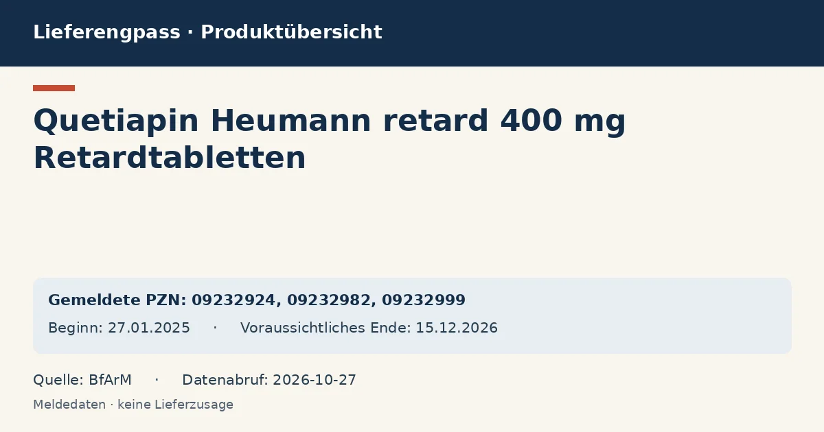 Quetiapin Heumann retard 400 mg Retardtabletten: Datenübersicht zum Lieferengpass mit gemeldeten Packungen und Zeitraum (BfArM) Quetiapin Heumann retard 400 mg Retardtabletten: Datenübersicht zum Lieferengpass mit gemeldeten Packungen und Zeitraum (BfArM)
