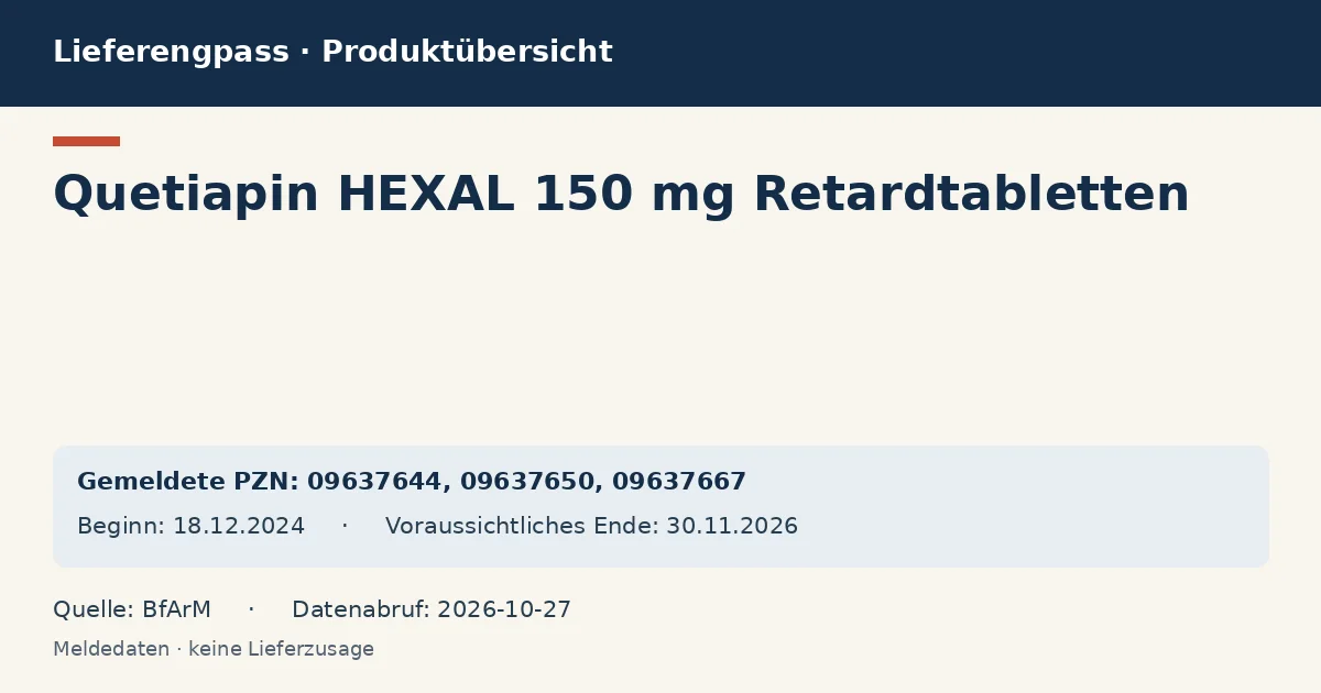 Quetiapin HEXAL 150 mg Retardtabletten: Datenübersicht zum Lieferengpass mit gemeldeten Packungen und Zeitraum (BfArM) Quetiapin HEXAL 150 mg Retardtabletten: Datenübersicht zum Lieferengpass mit gemeldeten Packungen und Zeitraum (BfArM)
