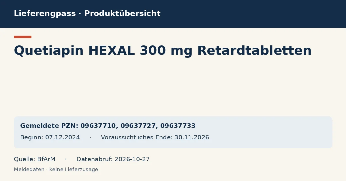 Quetiapin HEXAL 300 mg Retardtabletten: Datenübersicht zum Lieferengpass mit gemeldeten Packungen und Zeitraum (BfArM) Quetiapin HEXAL 300 mg Retardtabletten: Datenübersicht zum Lieferengpass mit gemeldeten Packungen und Zeitraum (BfArM)