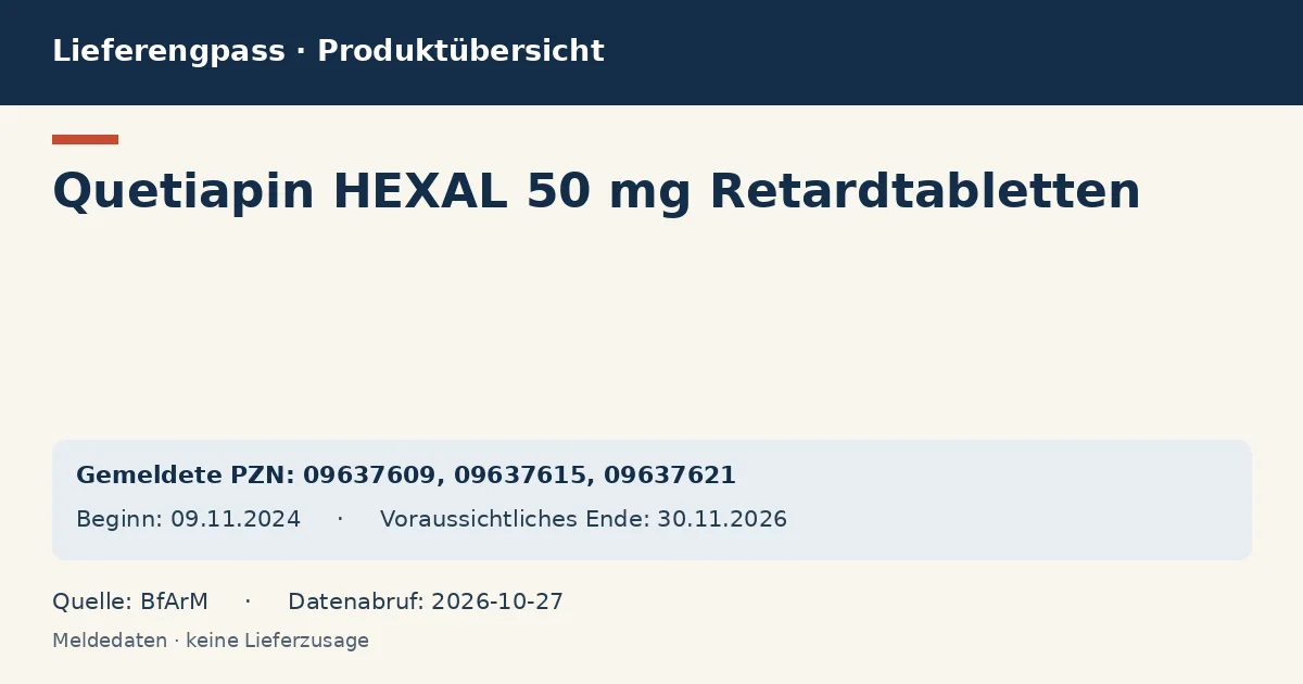 Quetiapin HEXAL 50 mg Retardtabletten: Datenübersicht zum Lieferengpass mit gemeldeten Packungen und Zeitraum (BfArM) Quetiapin HEXAL 50 mg Retardtabletten: Datenübersicht zum Lieferengpass mit gemeldeten Packungen und Zeitraum (BfArM)
