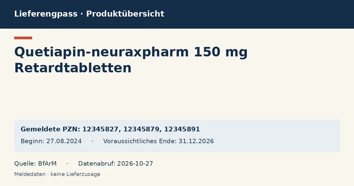 Quetiapin-neuraxpharm 150 mg Retardtabletten: Datenübersicht zum Lieferengpass mit gemeldeten Packungen und Zeitraum (BfArM) Quetiapin-neuraxpharm 150 mg Retardtabletten: Datenübersicht zum Lieferengpass mit gemeldeten Packungen und Zeitraum (BfArM)