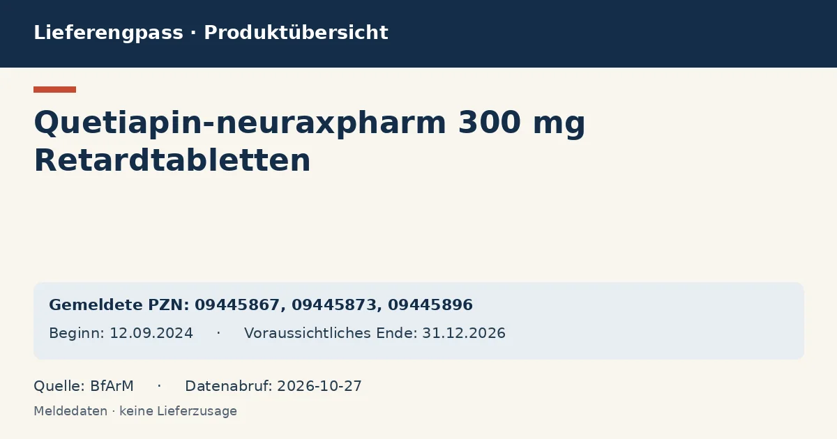 Quetiapin-neuraxpharm 300 mg Retardtabletten: Datenübersicht zum Lieferengpass mit gemeldeten Packungen und Zeitraum (BfArM) Quetiapin-neuraxpharm 300 mg Retardtabletten: Datenübersicht zum Lieferengpass mit gemeldeten Packungen und Zeitraum (BfArM)