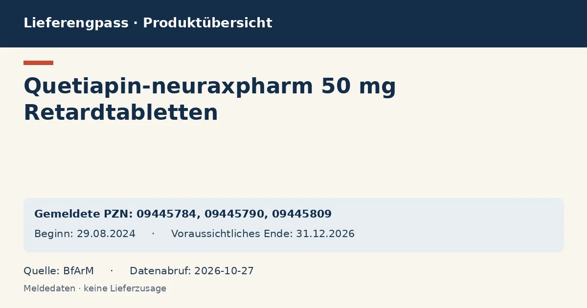 Quetiapin-neuraxpharm 50 mg Retardtabletten: Datenübersicht zum Lieferengpass mit gemeldeten Packungen und Zeitraum (BfArM) Quetiapin-neuraxpharm 50 mg Retardtabletten: Datenübersicht zum Lieferengpass mit gemeldeten Packungen und Zeitraum (BfArM)