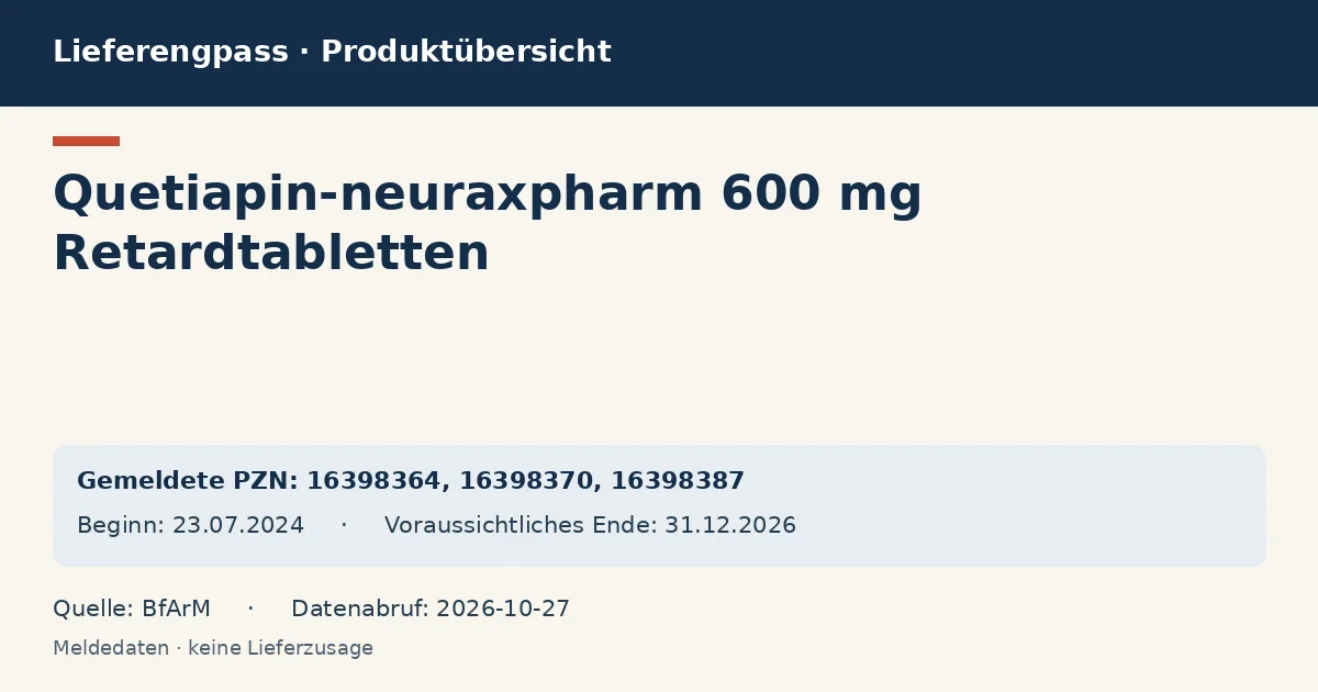 Quetiapin-neuraxpharm 600 mg Retardtabletten: Datenübersicht zum Lieferengpass mit gemeldeten Packungen und Zeitraum (BfArM) Quetiapin-neuraxpharm 600 mg Retardtabletten: Datenübersicht zum Lieferengpass mit gemeldeten Packungen und Zeitraum (BfArM)