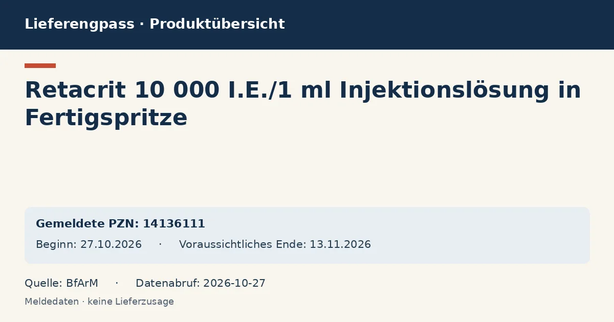 Retacrit 10 000 I.E./1 ml Injektionslösung in Fertigspritze: Datenübersicht zum Lieferengpass mit gemeldeten Packungen und Zeitraum (BfArM) Retacrit 10 000 I.E./1 ml Injektionslösung in Fertigspritze: Datenübersicht zum Lieferengpass mit gemeldeten Packungen und Zeitraum (BfArM)