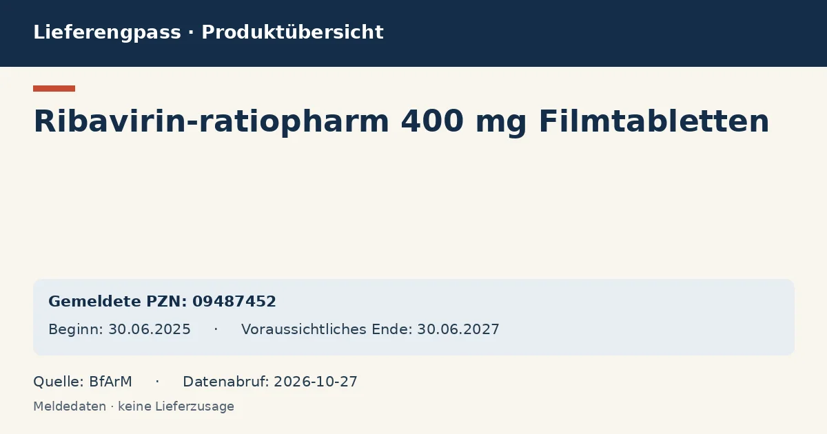 Ribavirin-ratiopharm 400 mg Filmtabletten: Datenübersicht zum Lieferengpass mit gemeldeten Packungen und Zeitraum (BfArM) Ribavirin-ratiopharm 400 mg Filmtabletten: Datenübersicht zum Lieferengpass mit gemeldeten Packungen und Zeitraum (BfArM)