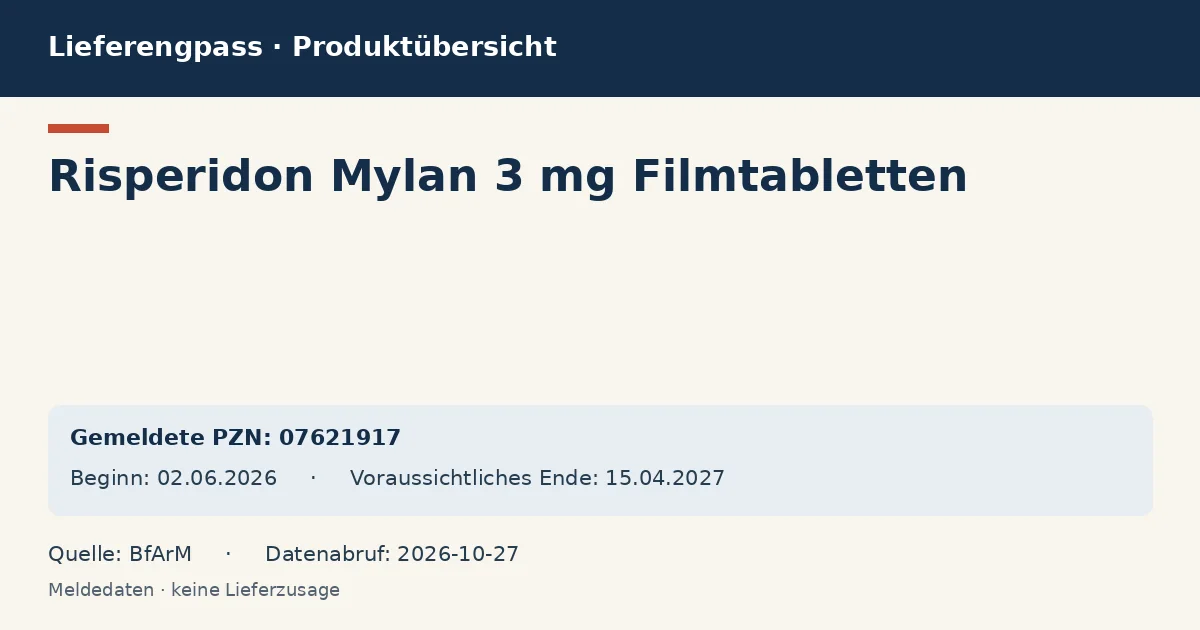 Risperidon Mylan 3 mg Filmtabletten: Datenübersicht zum Lieferengpass mit gemeldeten Packungen und Zeitraum (BfArM) Risperidon Mylan 3 mg Filmtabletten: Datenübersicht zum Lieferengpass mit gemeldeten Packungen und Zeitraum (BfArM)