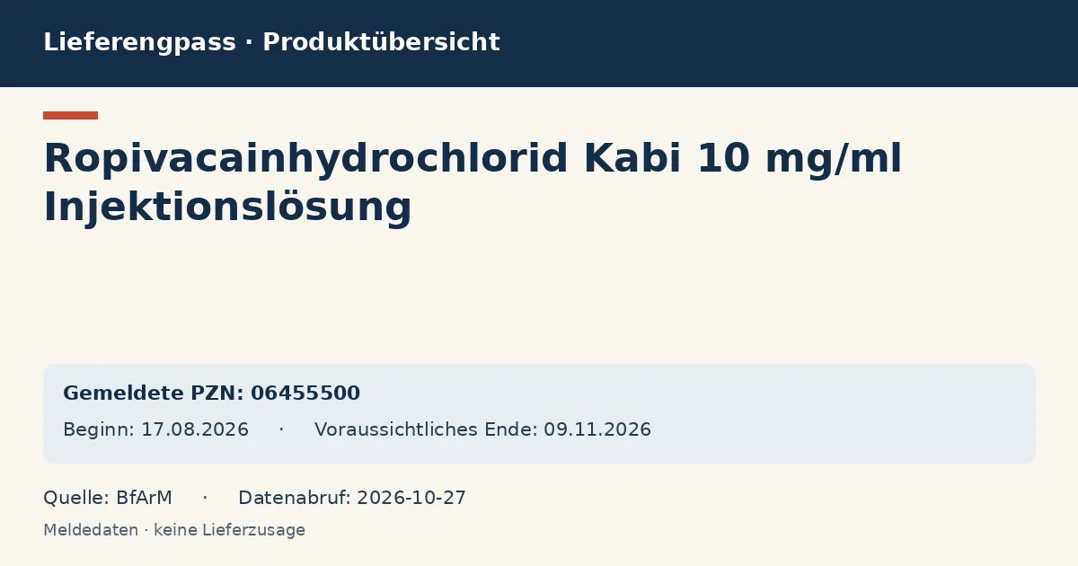 Ropivacainhydrochlorid Kabi 10 mg/ml Injektionslösung: Datenübersicht zum Lieferengpass mit gemeldeten Packungen und Zeitraum (BfArM) Ropivacainhydrochlorid Kabi 10 mg/ml Injektionslösung: Datenübersicht zum Lieferengpass mit gemeldeten Packungen und Zeitraum (BfArM)