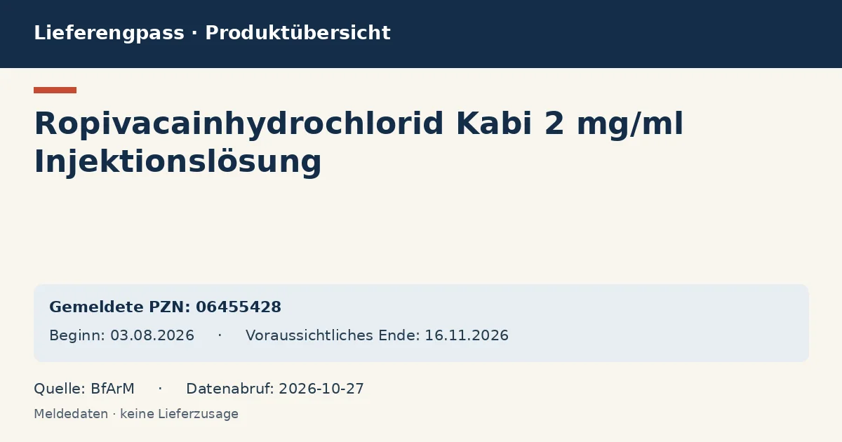 Ropivacainhydrochlorid Kabi 2 mg/ml Injektionslösung: Datenübersicht zum Lieferengpass mit gemeldeten Packungen und Zeitraum (BfArM) Ropivacainhydrochlorid Kabi 2 mg/ml Injektionslösung: Datenübersicht zum Lieferengpass mit gemeldeten Packungen und Zeitraum (BfArM)