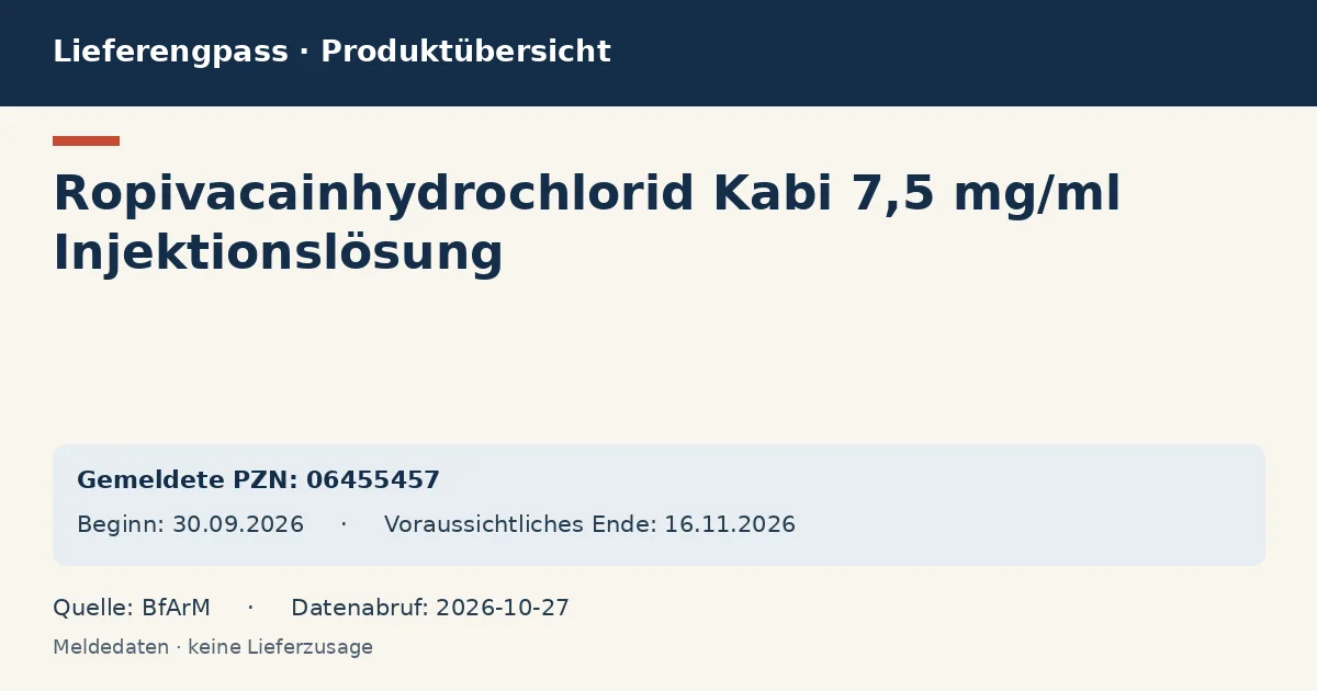Ropivacainhydrochlorid Kabi 7,5 mg/ml Injektionslösung: Datenübersicht zum Lieferengpass mit gemeldeten Packungen und Zeitraum (BfArM) Ropivacainhydrochlorid Kabi 7,5 mg/ml Injektionslösung: Datenübersicht zum Lieferengpass mit gemeldeten Packungen und Zeitraum (BfArM)