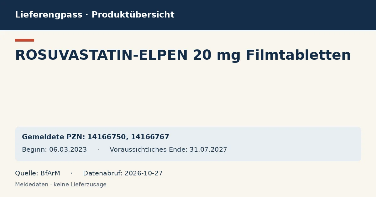ROSUVASTATIN-ELPEN 20 mg Filmtabletten: Datenübersicht zum Lieferengpass mit gemeldeten Packungen und Zeitraum (BfArM) ROSUVASTATIN-ELPEN 20 mg Filmtabletten: Datenübersicht zum Lieferengpass mit gemeldeten Packungen und Zeitraum (BfArM)