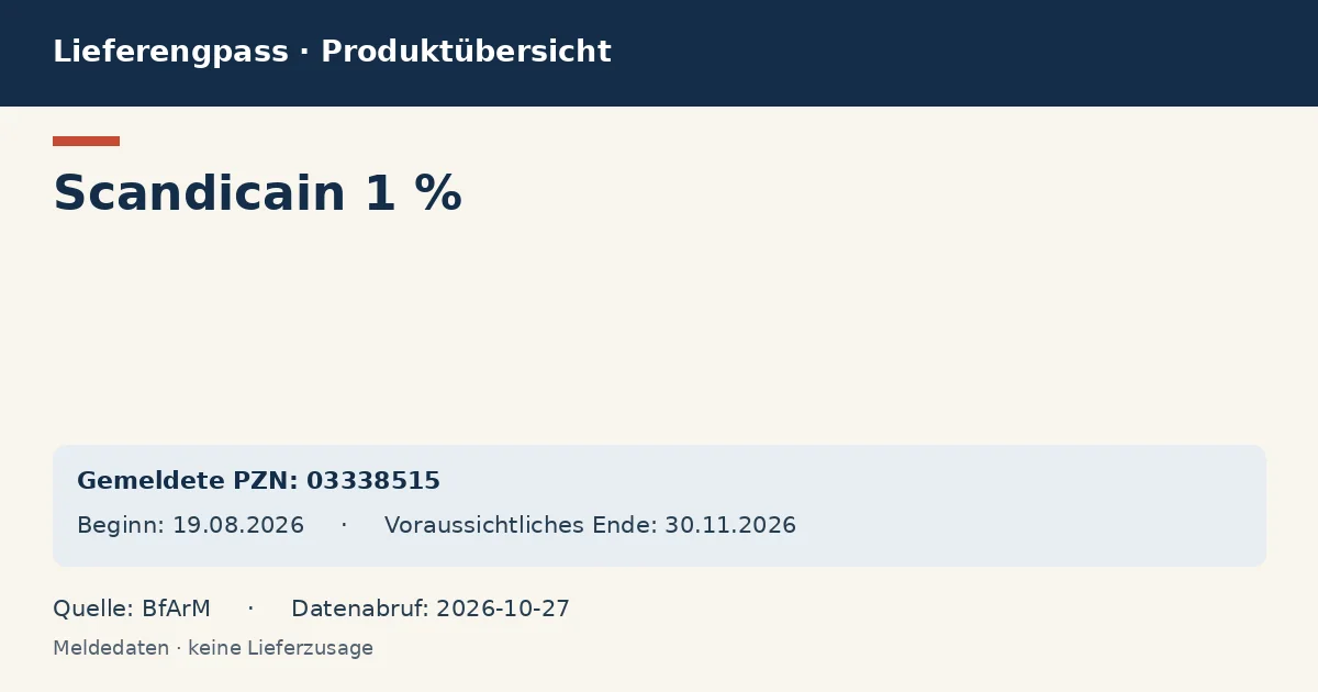 Scandicain 1 %: Datenübersicht zum Lieferengpass mit gemeldeten Packungen und Zeitraum (BfArM) Scandicain 1 %: Datenübersicht zum Lieferengpass mit gemeldeten Packungen und Zeitraum (BfArM)