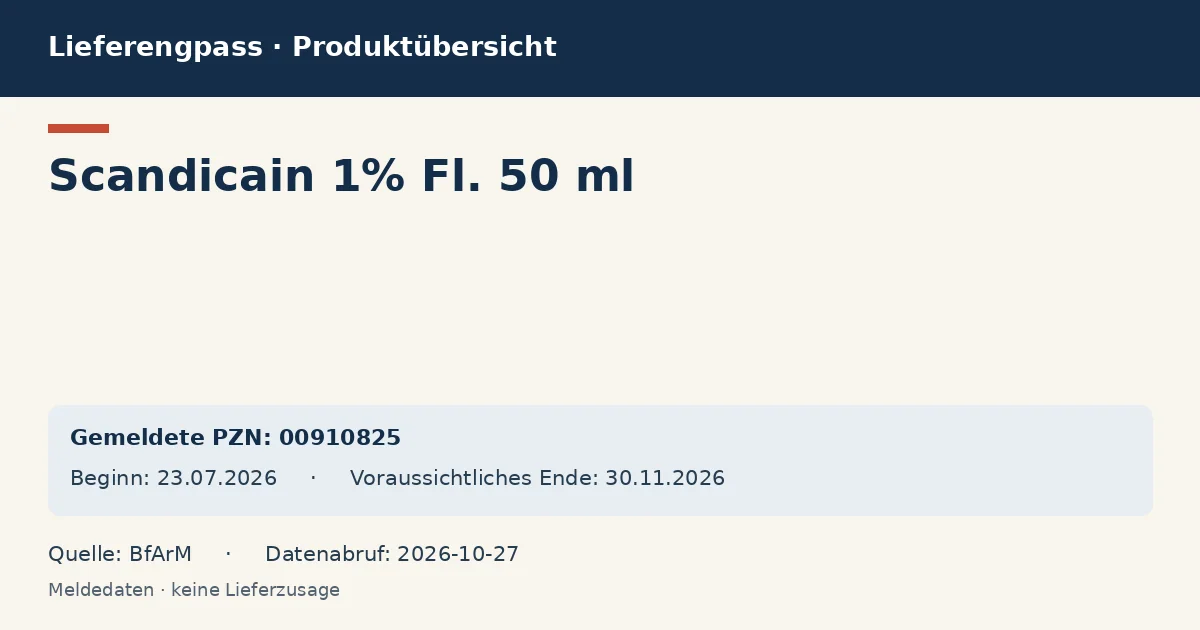 Scandicain 1% Fl. 50 ml: Datenübersicht zum Lieferengpass mit gemeldeten Packungen und Zeitraum (BfArM) Scandicain 1% Fl. 50 ml: Datenübersicht zum Lieferengpass mit gemeldeten Packungen und Zeitraum (BfArM)