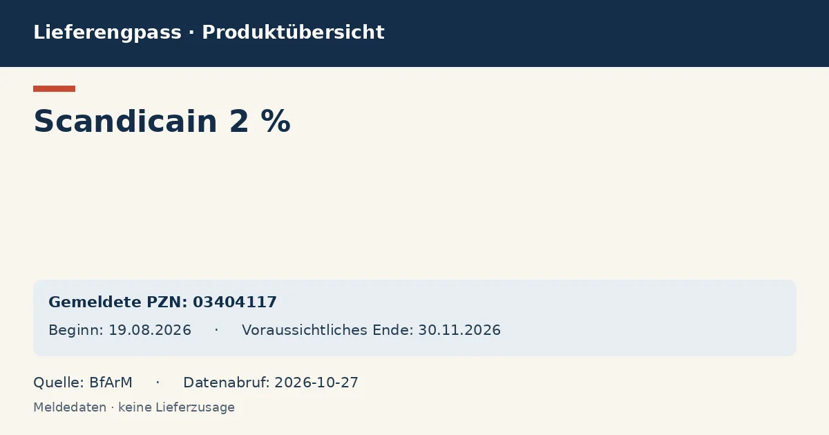 Scandicain 2 %: Datenübersicht zum Lieferengpass mit gemeldeten Packungen und Zeitraum (BfArM) Scandicain 2 %: Datenübersicht zum Lieferengpass mit gemeldeten Packungen und Zeitraum (BfArM)