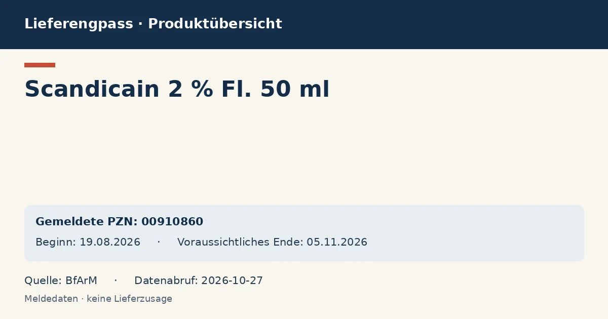 Scandicain 2 % Fl. 50 ml: Datenübersicht zum Lieferengpass mit gemeldeten Packungen und Zeitraum (BfArM) Scandicain 2 % Fl. 50 ml: Datenübersicht zum Lieferengpass mit gemeldeten Packungen und Zeitraum (BfArM)