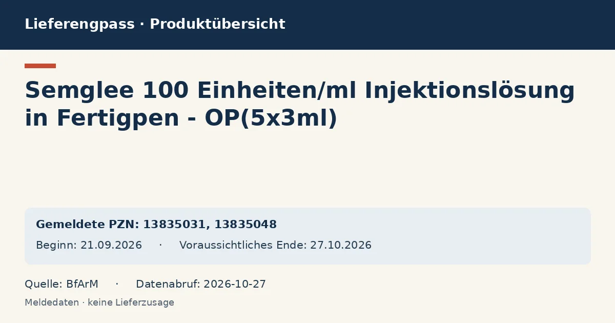 Semglee 100 Einheiten/ml Injektionslösung in Fertigpen - OP(5x3ml): Datenübersicht zum Lieferengpass mit gemeldeten Packungen und Zeitraum (BfArM) Semglee 100 Einheiten/ml Injektionslösung in Fertigpen - OP(5x3ml): Datenübersicht zum Lieferengpass mit gemeldeten Packungen und Zeitraum (BfArM)