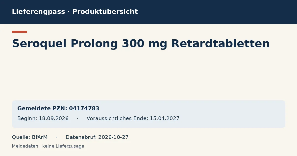 Seroquel Prolong 300 mg Retardtabletten: Datenübersicht zum Lieferengpass mit gemeldeten Packungen und Zeitraum (BfArM) Seroquel Prolong 300 mg Retardtabletten: Datenübersicht zum Lieferengpass mit gemeldeten Packungen und Zeitraum (BfArM)