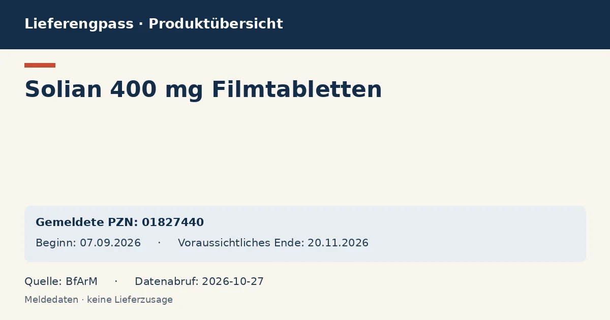 Solian 400 mg Filmtabletten: Datenübersicht zum Lieferengpass mit gemeldeten Packungen und Zeitraum (BfArM) Solian 400 mg Filmtabletten: Datenübersicht zum Lieferengpass mit gemeldeten Packungen und Zeitraum (BfArM)