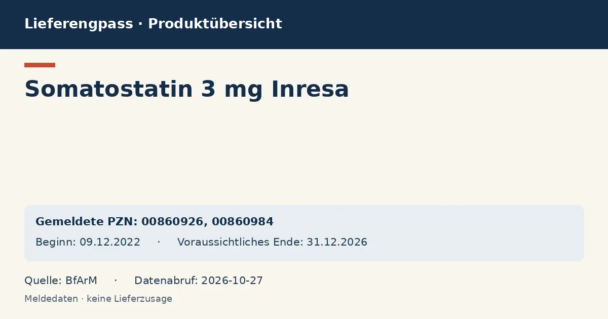 Somatostatin 3 mg Inresa: Datenübersicht zum Lieferengpass mit gemeldeten Packungen und Zeitraum (BfArM) Somatostatin 3 mg Inresa: Datenübersicht zum Lieferengpass mit gemeldeten Packungen und Zeitraum (BfArM)