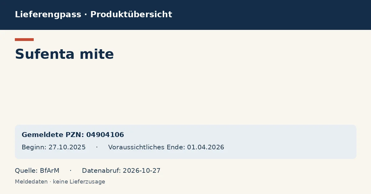 Sufenta mite: Datenübersicht zum Lieferengpass mit gemeldeten Packungen und Zeitraum (BfArM) Sufenta mite: Datenübersicht zum Lieferengpass mit gemeldeten Packungen und Zeitraum (BfArM)