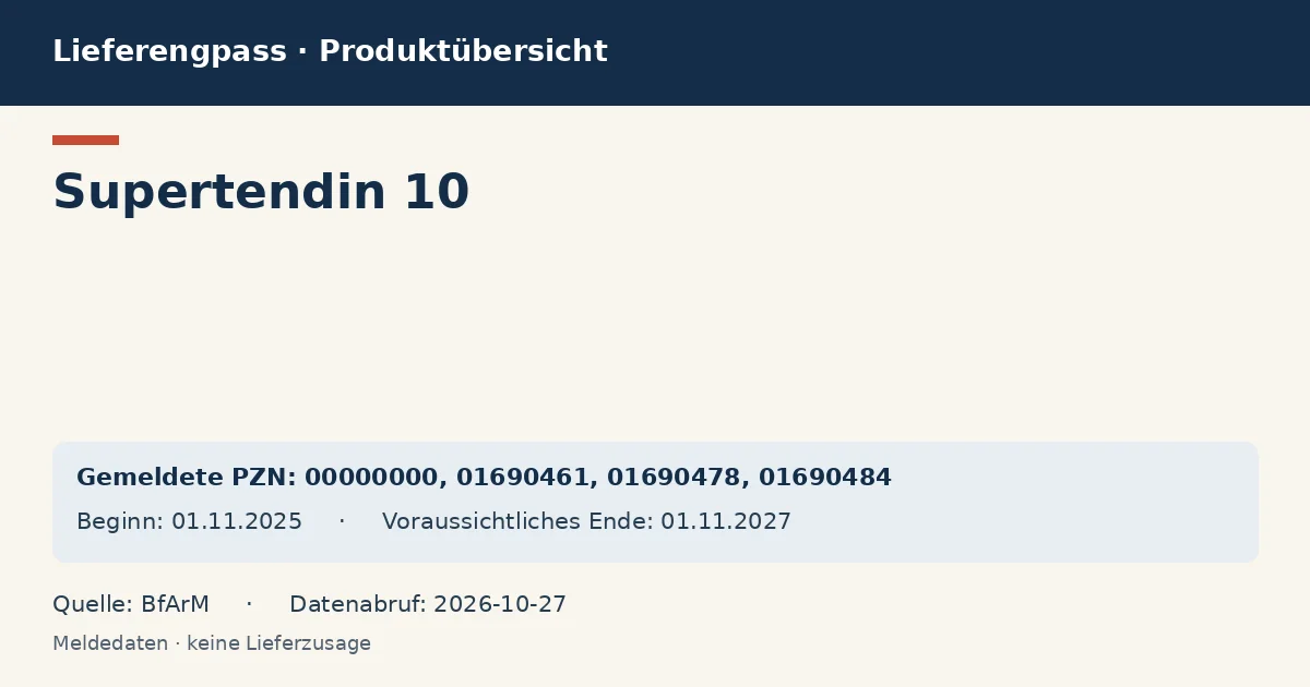 Supertendin 10: Datenübersicht zum Lieferengpass mit gemeldeten Packungen und Zeitraum (BfArM) Supertendin 10: Datenübersicht zum Lieferengpass mit gemeldeten Packungen und Zeitraum (BfArM)