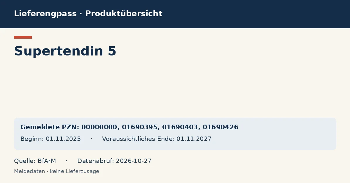 Supertendin 5: Datenübersicht zum Lieferengpass mit gemeldeten Packungen und Zeitraum (BfArM) Supertendin 5: Datenübersicht zum Lieferengpass mit gemeldeten Packungen und Zeitraum (BfArM)
