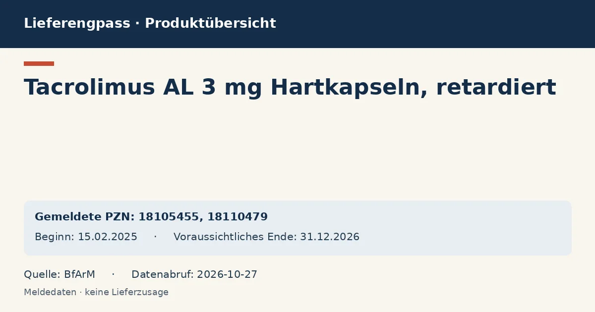 Tacrolimus AL 3 mg Hartkapseln, retardiert: Datenübersicht zum Lieferengpass mit gemeldeten Packungen und Zeitraum (BfArM) Tacrolimus AL 3 mg Hartkapseln, retardiert: Datenübersicht zum Lieferengpass mit gemeldeten Packungen und Zeitraum (BfArM)