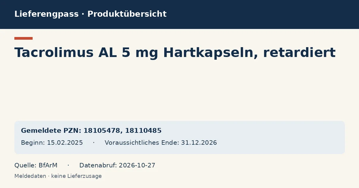Tacrolimus AL 5 mg Hartkapseln, retardiert: Datenübersicht zum Lieferengpass mit gemeldeten Packungen und Zeitraum (BfArM) Tacrolimus AL 5 mg Hartkapseln, retardiert: Datenübersicht zum Lieferengpass mit gemeldeten Packungen und Zeitraum (BfArM)