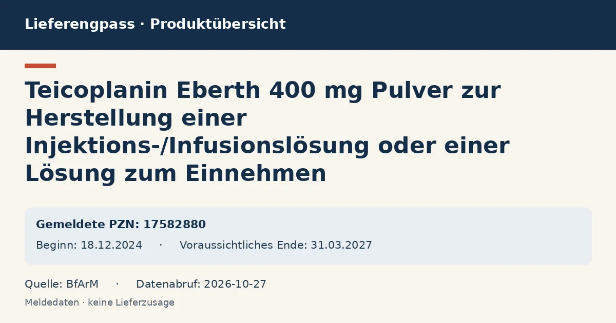 Teicoplanin Eberth 400 mg Pulver zur Herstellung einer Injektions-/Infusionslösung oder einer Lösung zum Einnehmen: Datenübersicht zum Lieferengpass mit gemeldeten Packungen und Zeitraum (BfArM) Teicoplanin Eberth 400 mg Pulver zur Herstellung einer Injektions-/Infusionslösung oder einer Lösung zum Einnehmen: Datenübersicht zum Lieferengpass mit gemeldeten Packungen und Zeitraum (BfArM)