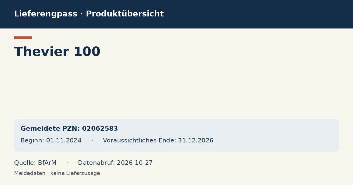 Thevier 100: Datenübersicht zum Lieferengpass mit gemeldeten Packungen und Zeitraum (BfArM) Thevier 100: Datenübersicht zum Lieferengpass mit gemeldeten Packungen und Zeitraum (BfArM)