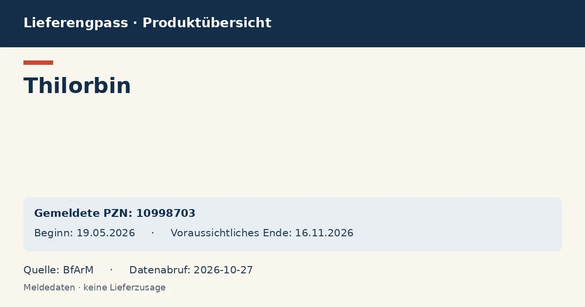 Thilorbin: Datenübersicht zum Lieferengpass mit gemeldeten Packungen und Zeitraum (BfArM) Thilorbin: Datenübersicht zum Lieferengpass mit gemeldeten Packungen und Zeitraum (BfArM)