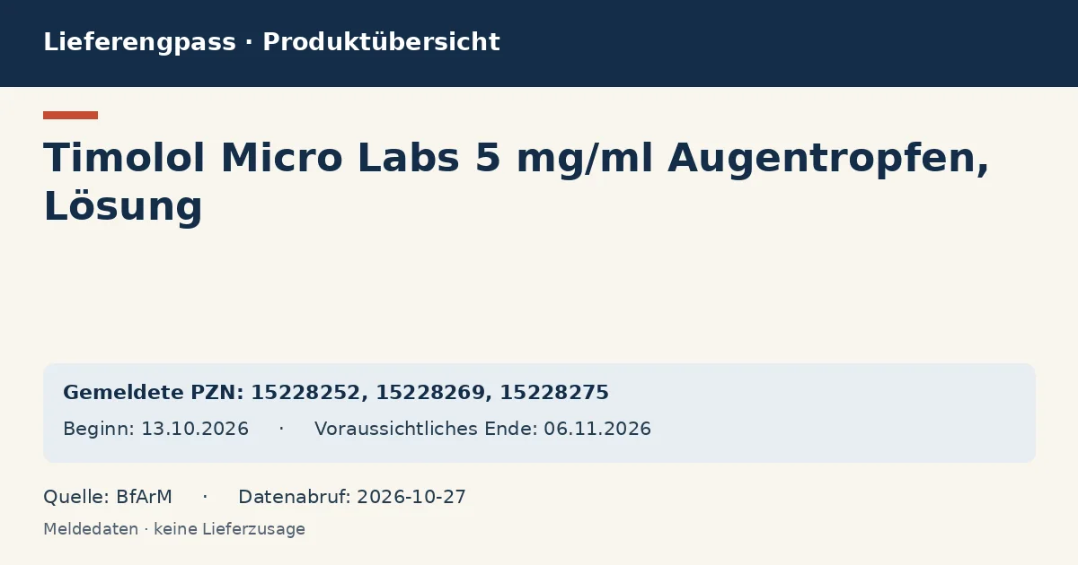 Timolol Micro Labs 5 mg/ml Augentropfen, Lösung: Datenübersicht zum Lieferengpass mit gemeldeten Packungen und Zeitraum (BfArM) Timolol Micro Labs 5 mg/ml Augentropfen, Lösung: Datenübersicht zum Lieferengpass mit gemeldeten Packungen und Zeitraum (BfArM)
