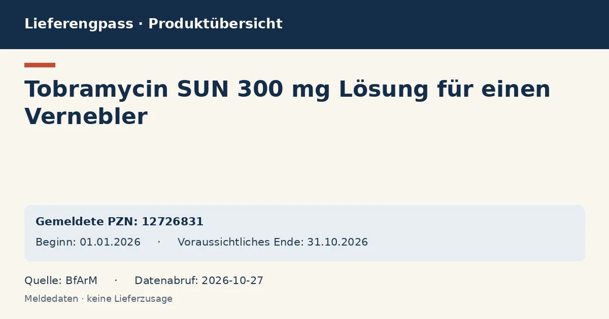 Tobramycin SUN 300 mg Lösung für einen Vernebler: Datenübersicht zum Lieferengpass mit gemeldeten Packungen und Zeitraum (BfArM) Tobramycin SUN 300 mg Lösung für einen Vernebler: Datenübersicht zum Lieferengpass mit gemeldeten Packungen und Zeitraum (BfArM)