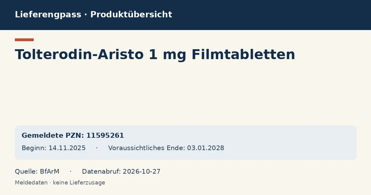 Tolterodin-Aristo 1 mg Filmtabletten: Datenübersicht zum Lieferengpass mit gemeldeten Packungen und Zeitraum (BfArM) Tolterodin-Aristo 1 mg Filmtabletten: Datenübersicht zum Lieferengpass mit gemeldeten Packungen und Zeitraum (BfArM)