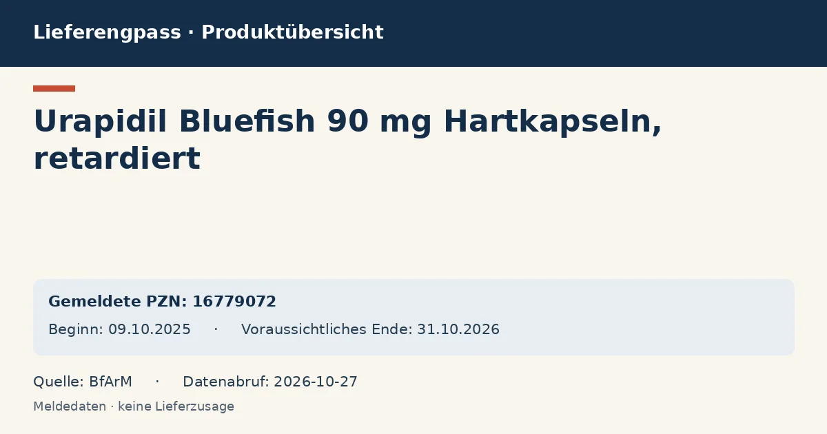Urapidil Bluefish 90 mg Hartkapseln, retardiert: Datenübersicht zum Lieferengpass mit gemeldeten Packungen und Zeitraum (BfArM) Urapidil Bluefish 90 mg Hartkapseln, retardiert: Datenübersicht zum Lieferengpass mit gemeldeten Packungen und Zeitraum (BfArM)