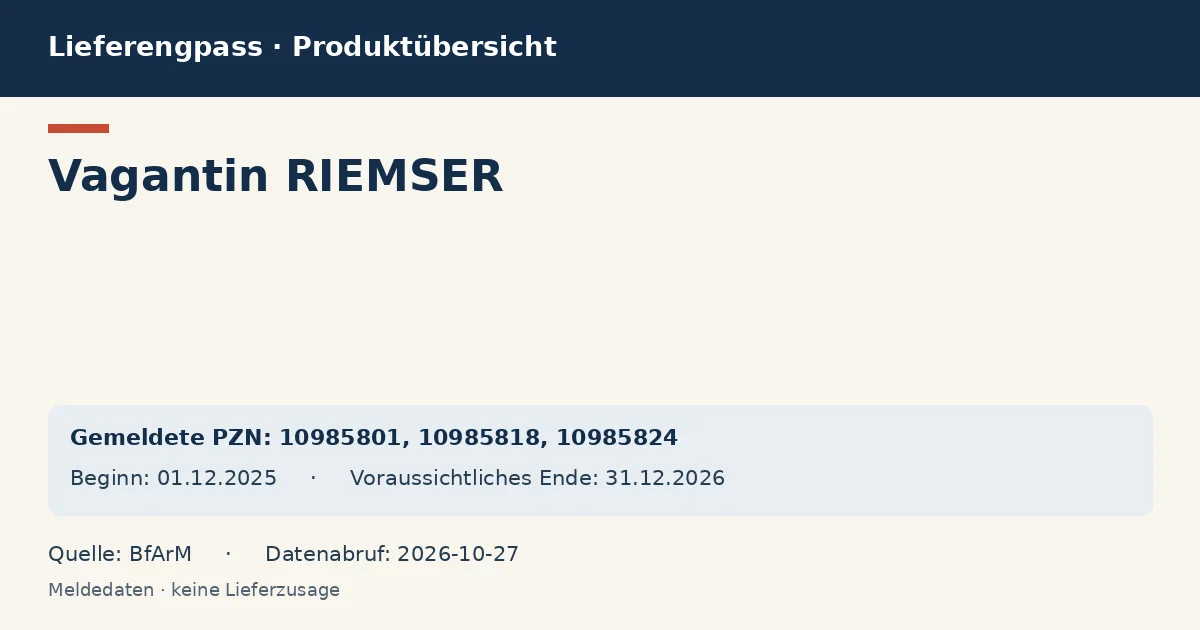 Vagantin RIEMSER: Datenübersicht zum Lieferengpass mit gemeldeten Packungen und Zeitraum (BfArM) Vagantin RIEMSER: Datenübersicht zum Lieferengpass mit gemeldeten Packungen und Zeitraum (BfArM)